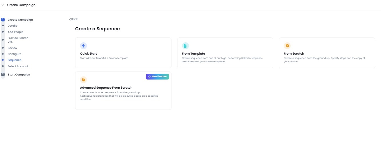 Screenshot of options to create a sequence in a marketing campaign: Quick Start, From Template, From Scratch, and Advanced Sequence From Scratch.