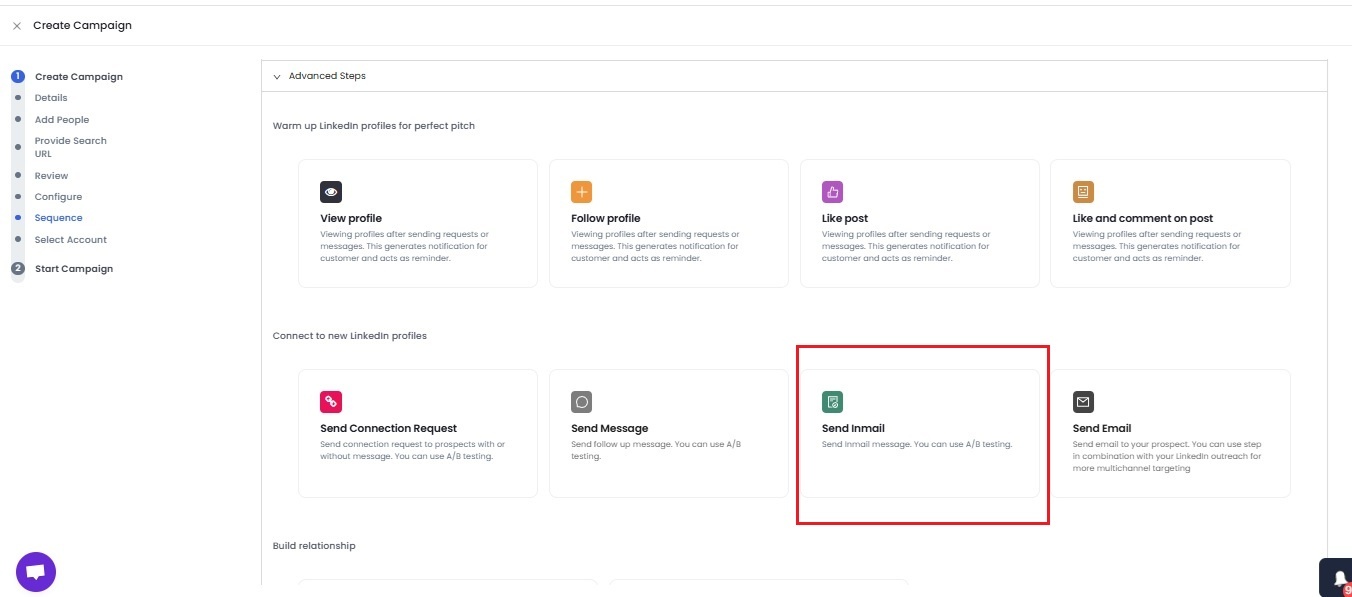 Screenshot of options to connect with LinkedIn profiles: View profile, Follow profile, Like post, Like and comment on post, Send connection request, Send message, Send InMail, Send email.