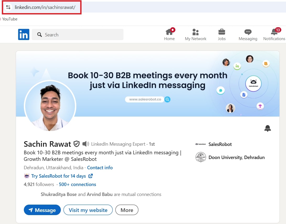 Linkedin profile url in the search bar