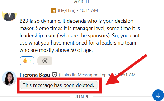 A "This message has been deleted" notification appears on a LinkedIn chat where the message has been deleted.