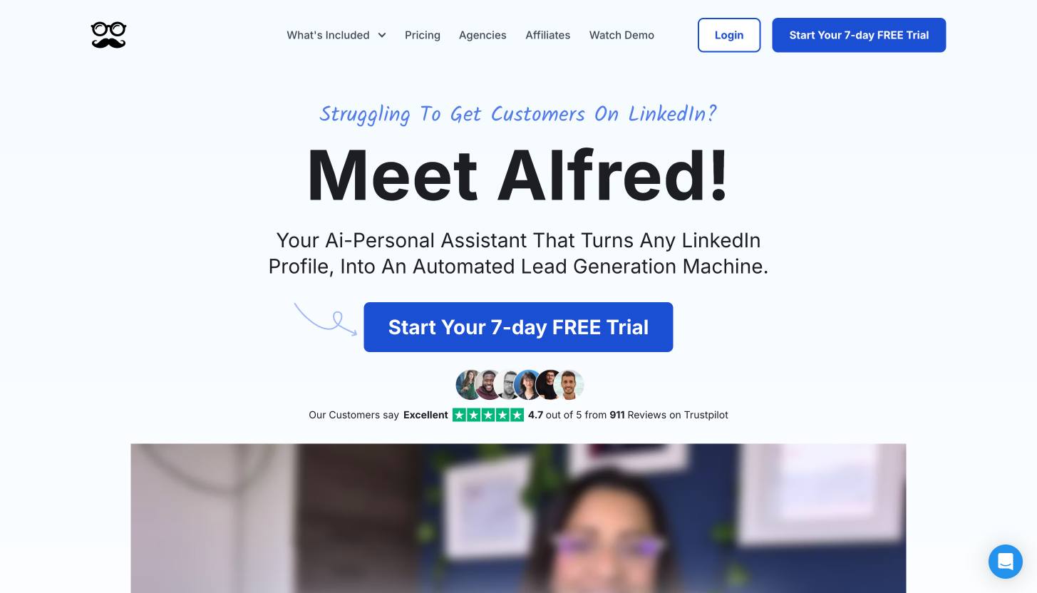 Meet Alfred landing page showcasing LinkedIn automation for sales with testimonials and social connections.