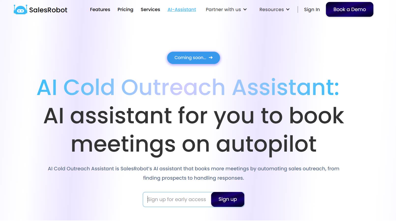 Screenshot of the Sales Robot AI Cold Outreach Assistant landing page.