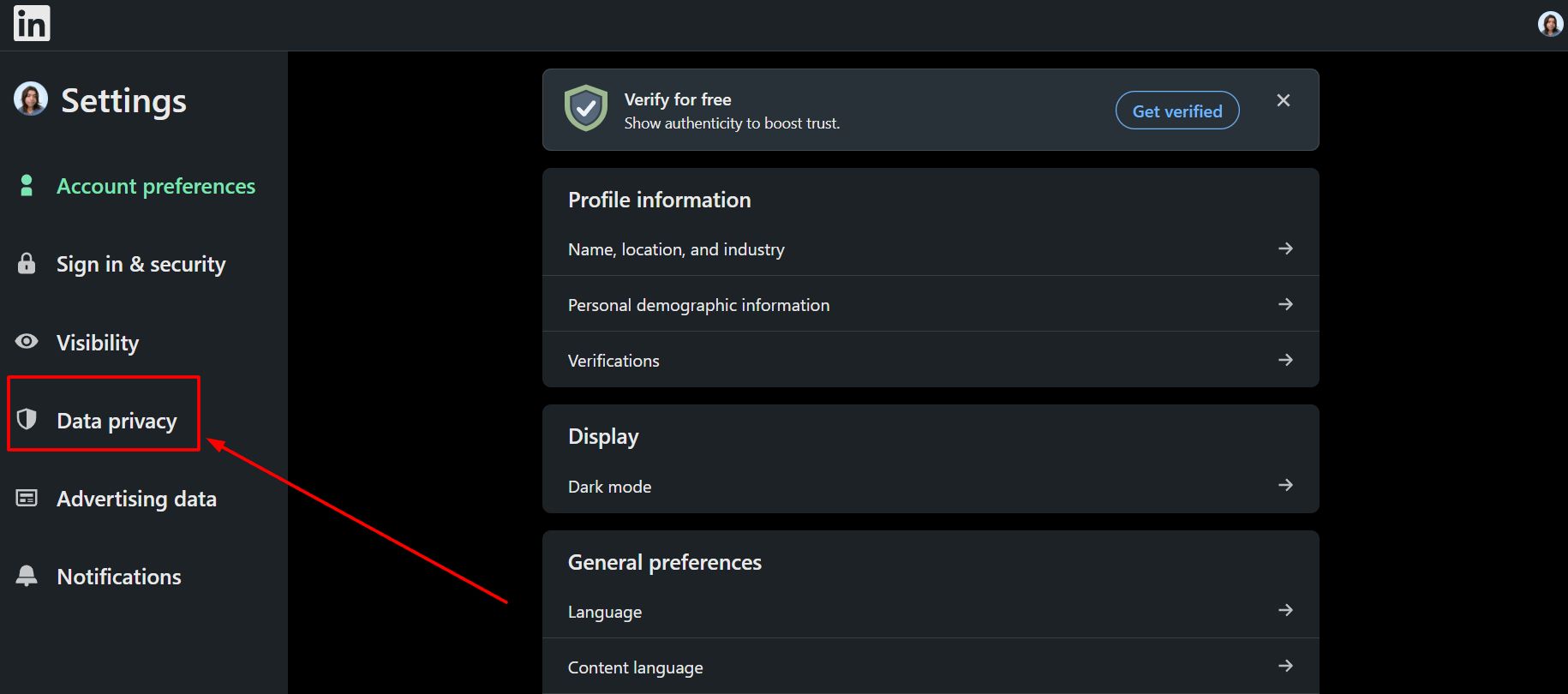Data privacy section in LinkedIn settings