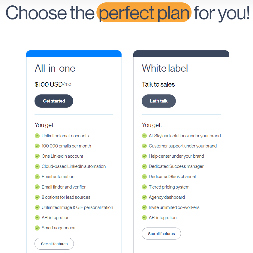 Skylead pricing plans