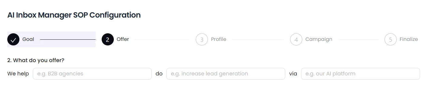 Second step of the AI Inbox Manager SOP Configuration: Offer, which is to help B2B agencies increase lead generation via an AI platform.