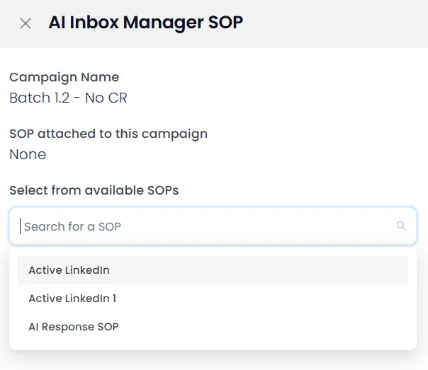 Selection of available SOPs, including Active LinkedIn, Active LinkedIn 1, and AI Response SOP.