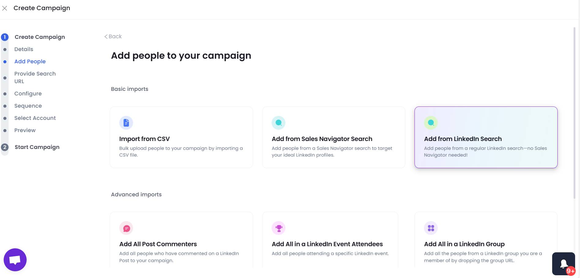 "Add people to your campaign" page with various import options, highlighting "Add from LinkedIn Search".