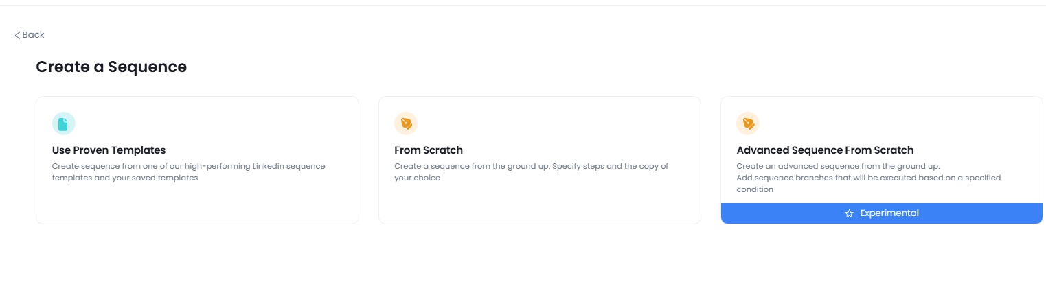 Screenshot of options to create a sequence in a marketing campaign: Quick Start, From Template, From Scratch, and Advanced Sequence From Scratch.