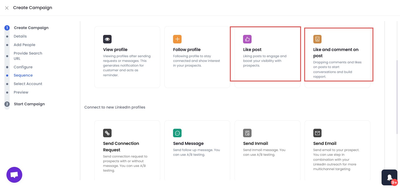 Various options for engaging with prospects on LinkedIn, including viewing profiles, following, liking posts, and commenting.