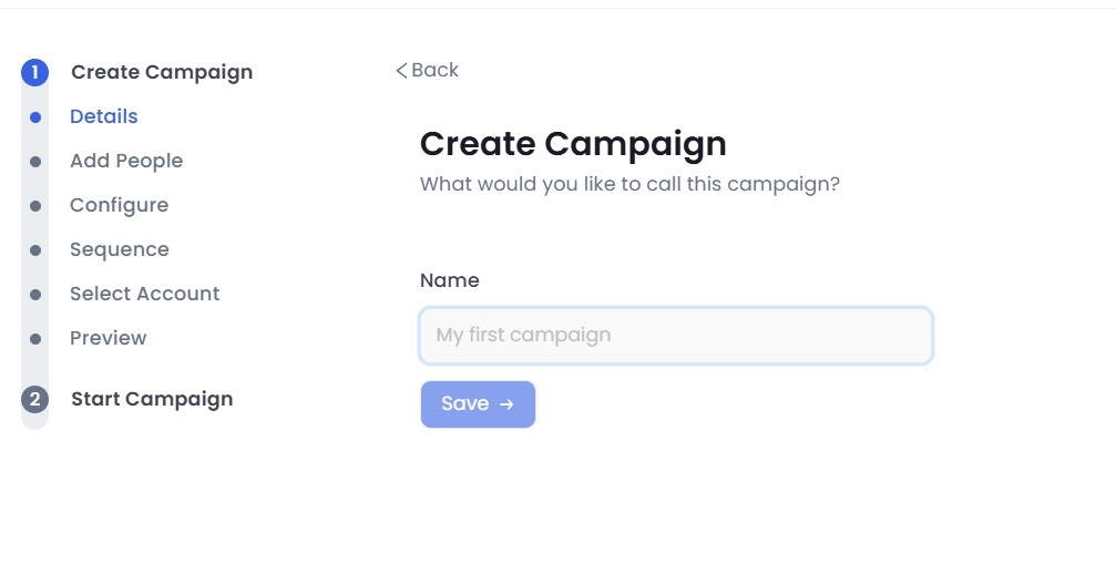 "Create Campaign" page showing a field to enter the campaign name and a "Save" button.