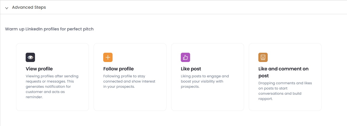 Screenshot showing advanced steps for warming up LinkedIn profiles, including View profile, Follow profile, Like post, and Like and comment on post.