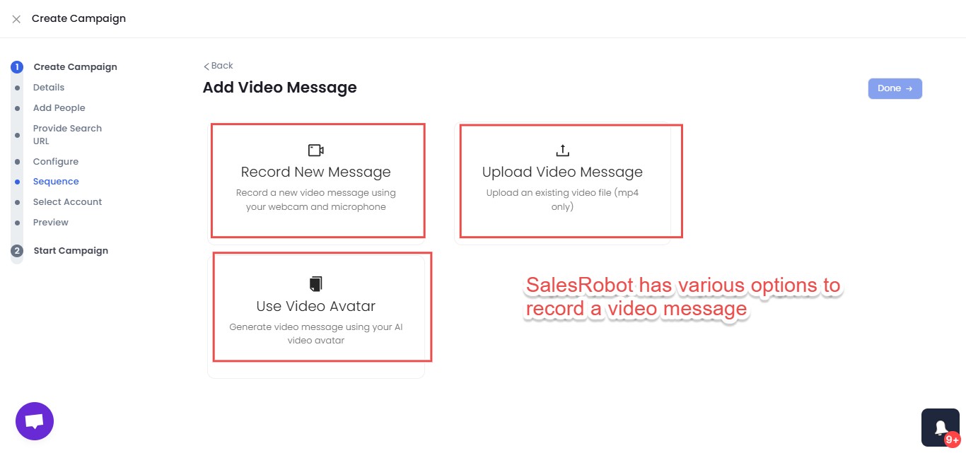 Various options to record video message in SalesRobot