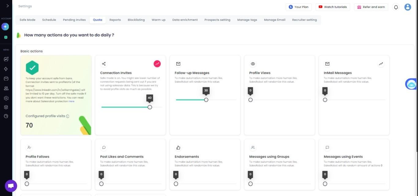 SalesRobot daily automatio imits safety settings