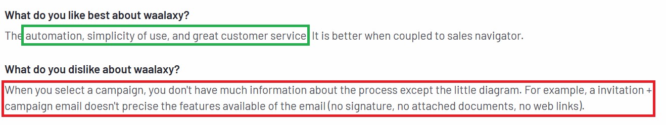 Negative user review of Waalaxy saying that the campaign information is lacking 