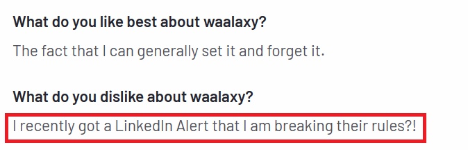 Negative user review of Waalaxy saying that they got an alert from LinkedIn after using it