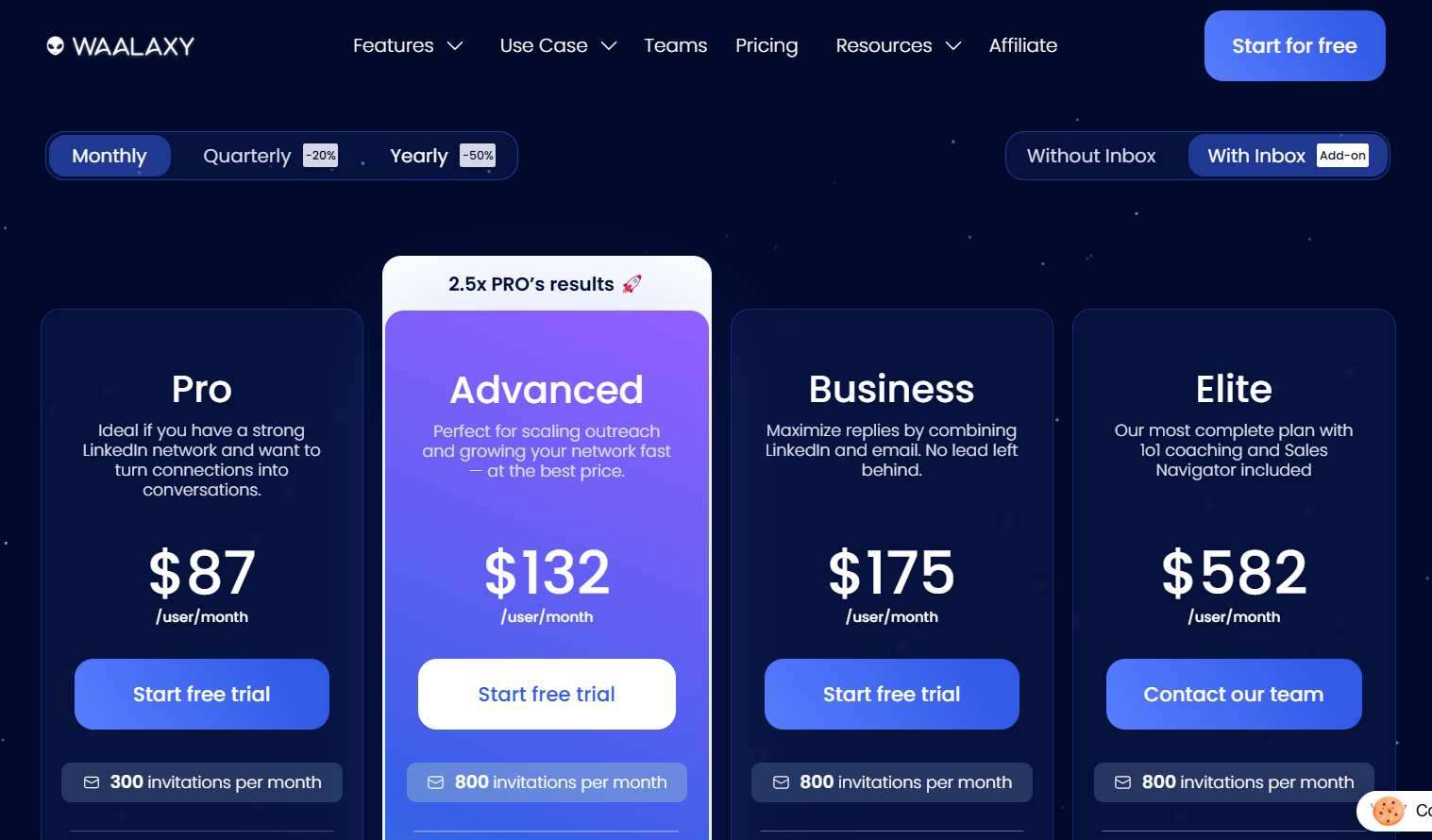 Waalaxy inbox add-on feature pricing plans 