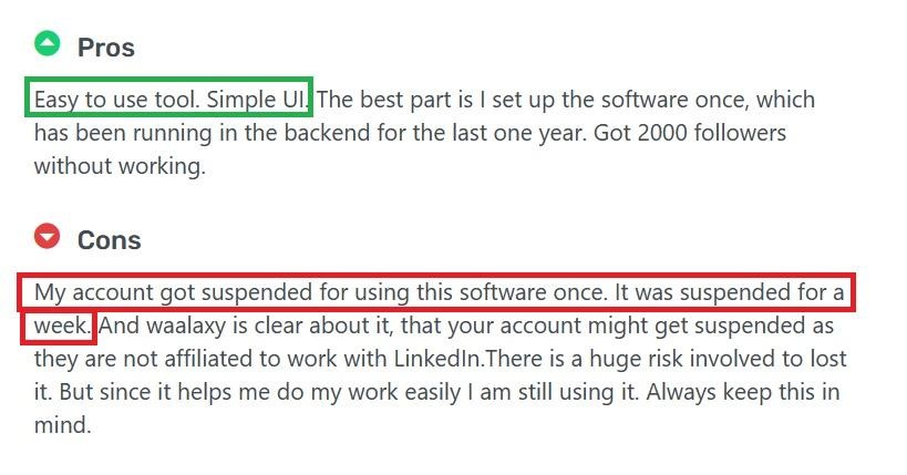 Negative user review of Waalaxy saying that the Chrome extension platform caused their account to get banned 