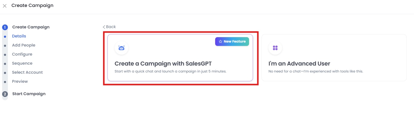 The Salesrobot page to create a SalesGPT campaign.