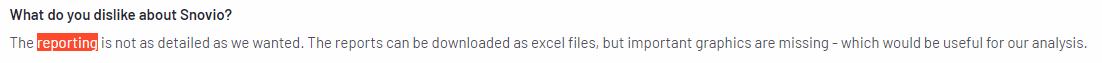A customer review stating "What do you dislike about Snovio?" highlighting that reporting is not detailed enough.