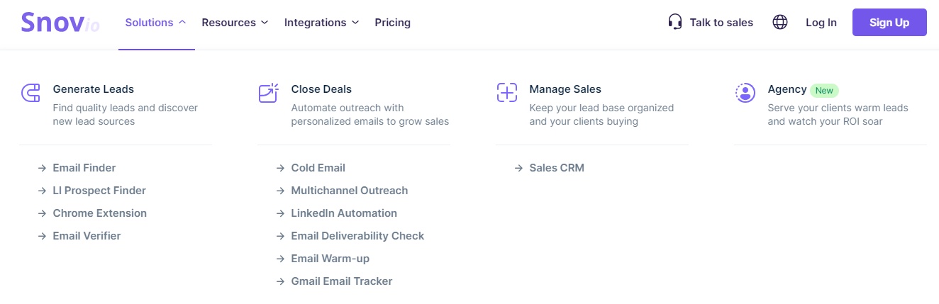 Snov.io website showing solutions for generating leads, closing deals, managing sales, and agency services.