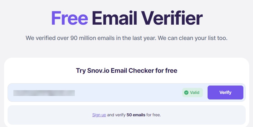 The Snov.io Free Email Verifier showing a 'Valid' email address result.