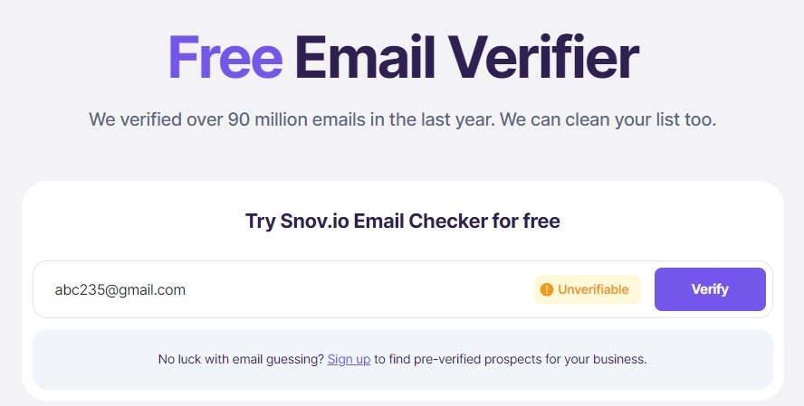 The Snov.io Free Email Verifier showing an 'Unverifiable' email address result.
