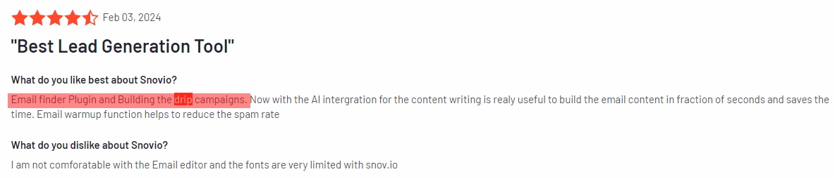 A customer review for Snov.io, highlighting 'campaigns' as a positive feature.