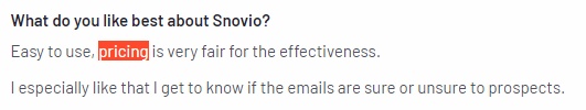 A customer review for Snov.io, highlighting 'pricing' as a positive feature.