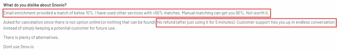 A customer review stating "What do you dislike about Snovio?" with text highlighting issues like low email enrichment match rates and no refunds.