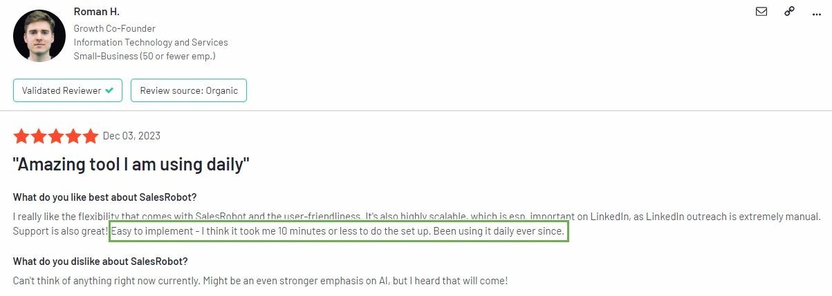 A positive user review for SalesRobot, emphasizing its ease of implementation.