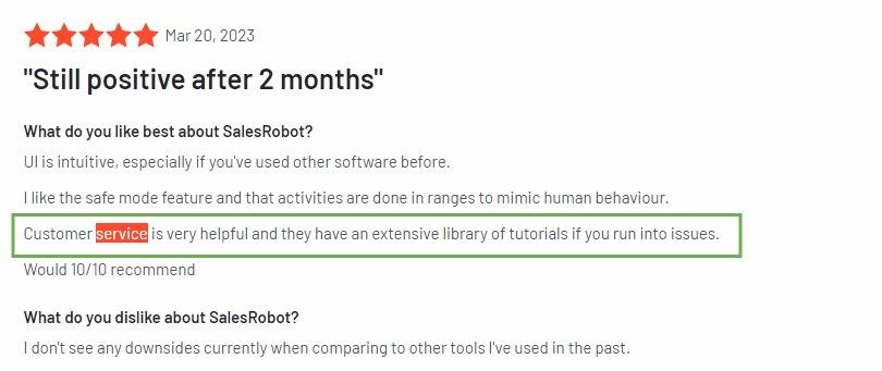 A positive user review for SalesRobot, highlighting helpful customer service.