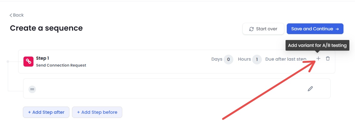 Screenshot of a 'Create a sequence' interface with an arrow pointing to 'Add variant for A/B testing' for a connection request.