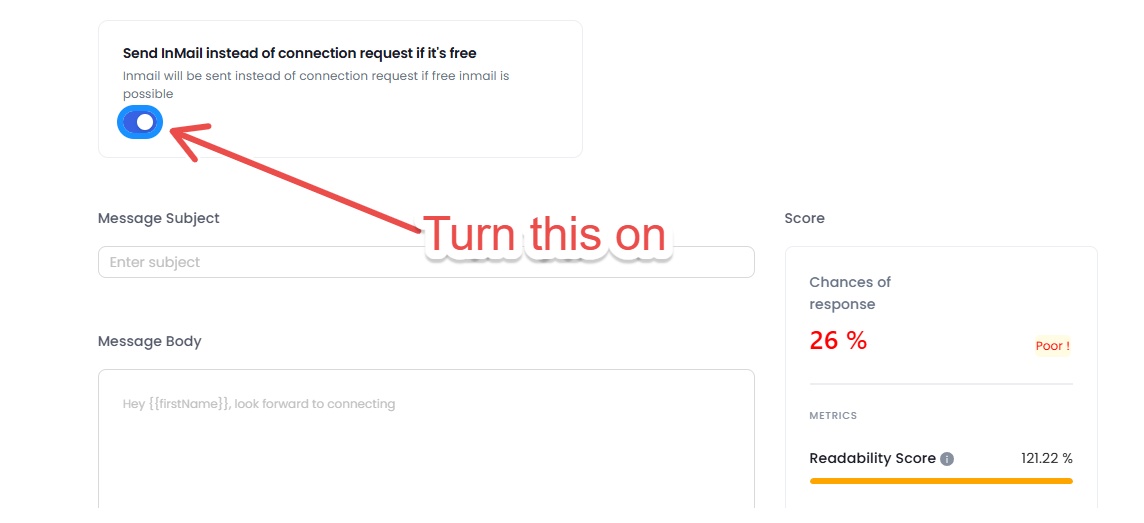Screenshot showing an option to 'Send InMail instead of connection request' with an arrow pointing to turn it on, alongside message fields and a 'Chances of response' score of 26%.