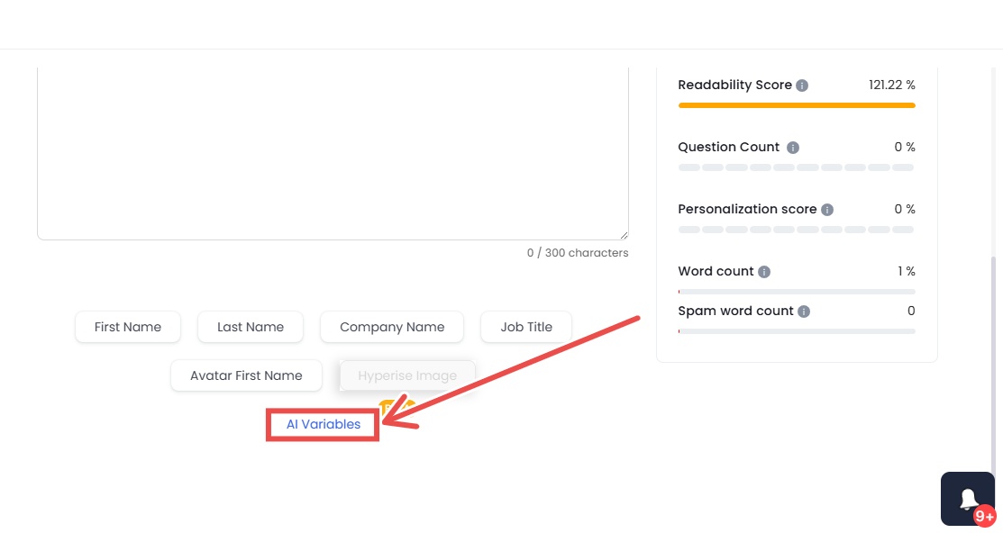 Screenshot of a message editor showing options to insert 'AI Variables' and other personalization fields.