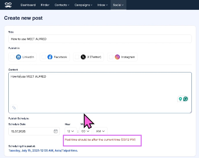 Schedule social media posts in Meet Alfred