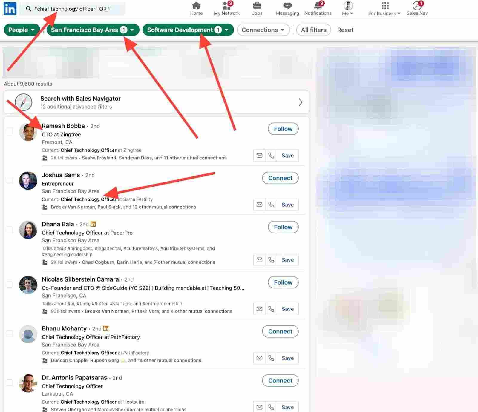 Screenshot of LinkedIn search results for Chief Technology Officer in the San Francisco Bay Area.