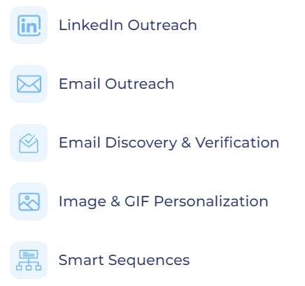 Five icons represent Skylead's features: LinkedIn Outreach, Email Outreach, Email Discovery & Verification, Image & GIF Personalization, and Smart Sequences.