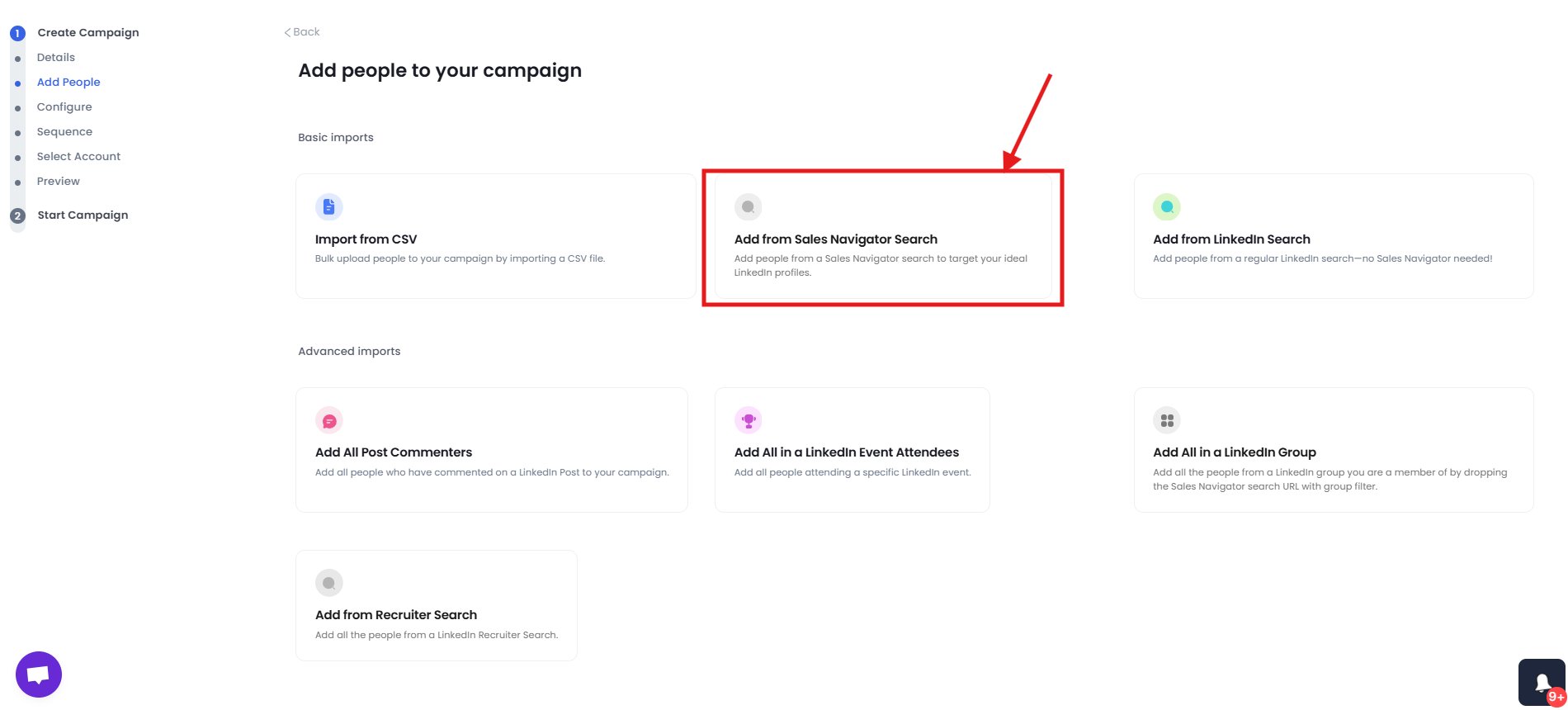 A 'Create Campaign' screen in SalesRobot, showing options to add people, with a red arrow highlighting 'Add from Sales Navigator Search'.