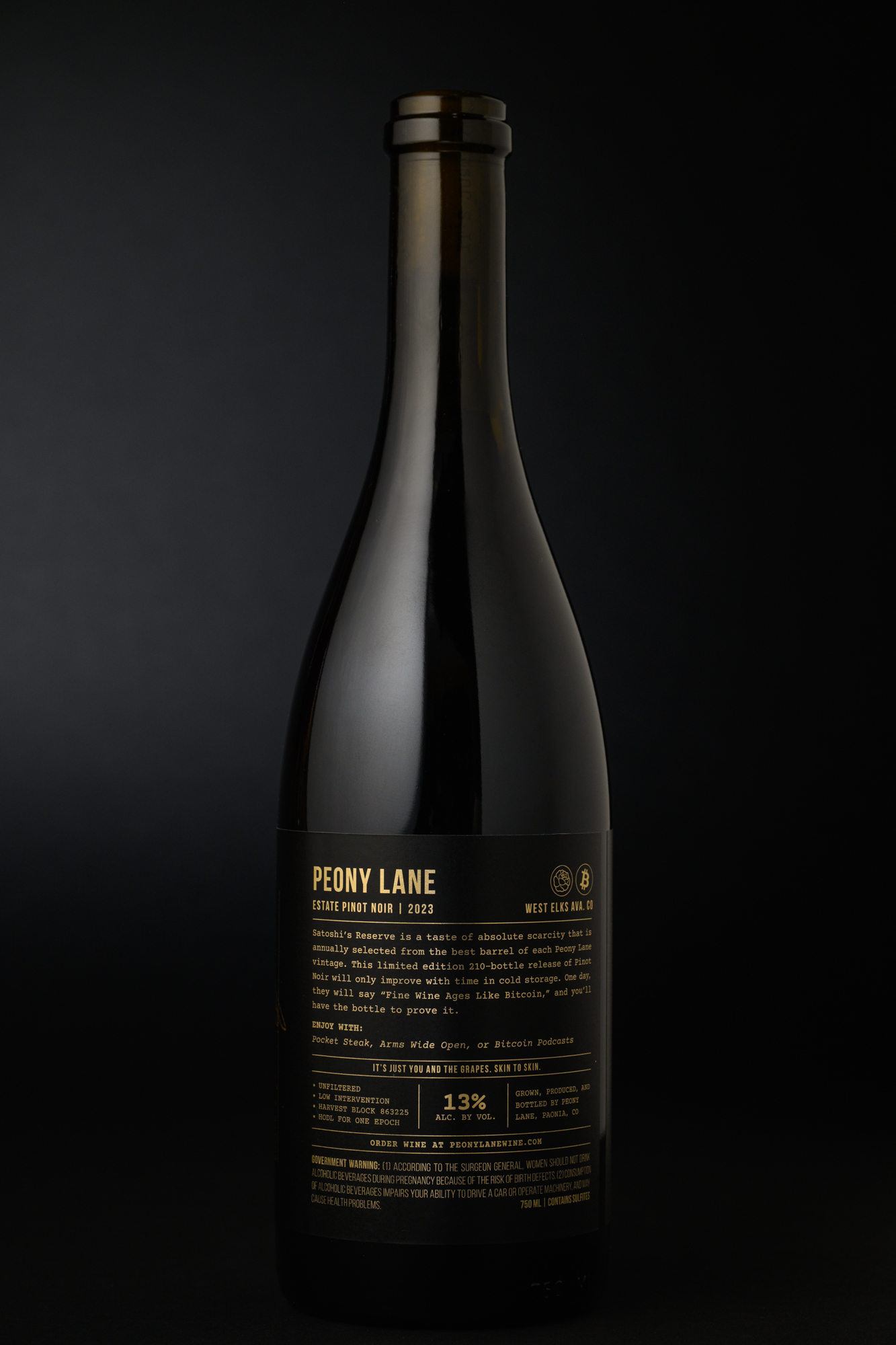 Bottles of 2023 Peony Lane Satoshi's Reserve