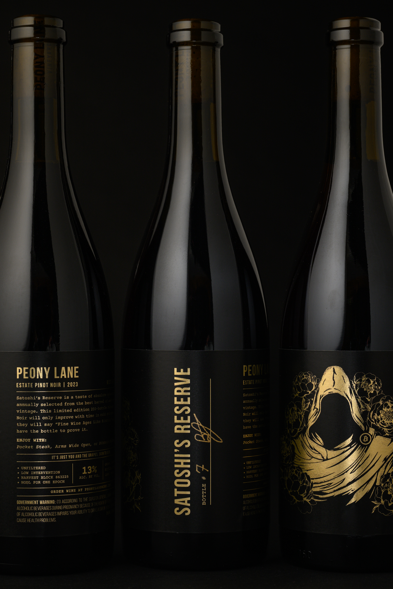 Bottles of 2023 Peony Lane Satoshi's Reserve
