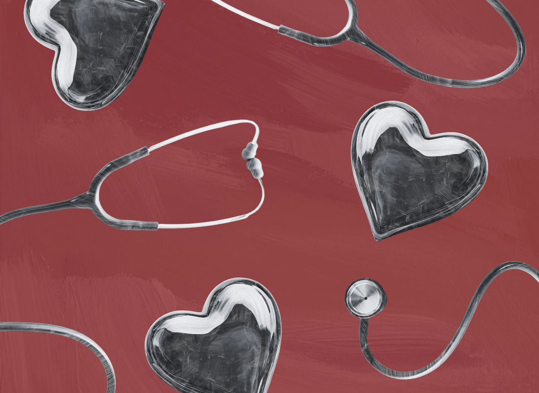 Pattern of stethoscopes and glass hearts on a maroon background.