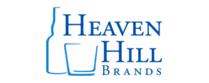 Heaven Hill Brands logo with stylized blue text and a bottle outline on a black background.