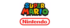 Colorful Super Mario logo above red Nintendo logo with oval border on white background.