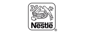 Nestlé logo with a bird nest and two birds inside a square frame.