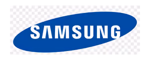 Samsung company logo in blue oval shape with white text.