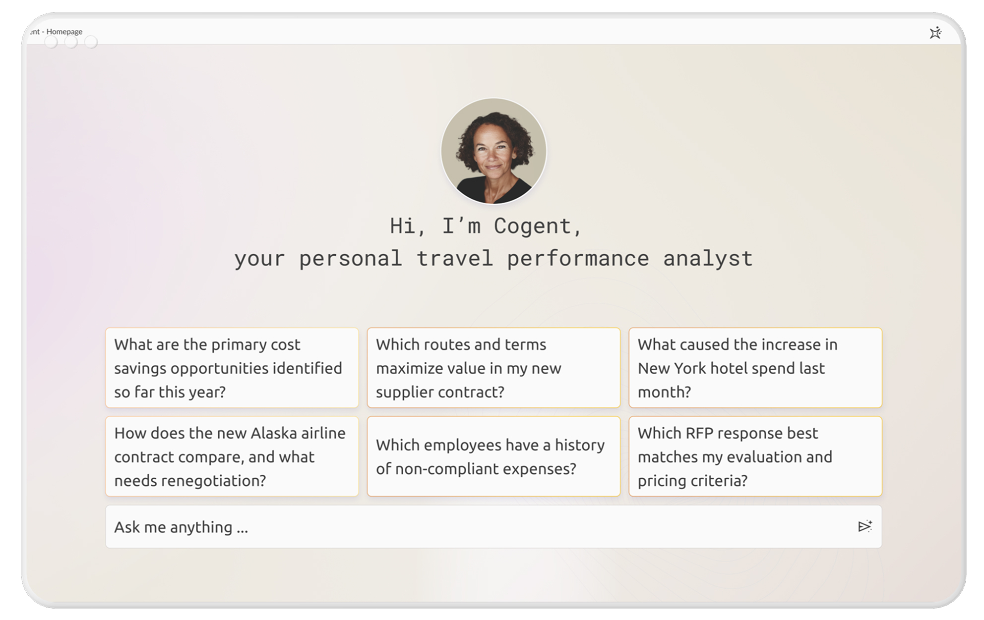 Interactive travel performance analysis interface featuring Cogent, an AI-powered personal travel analyst. Highlights include actionable insights on cost savings, supplier contracts, non-compliant expenses, and RFP evaluations. Professional design with user-friendly 'Ask me anything' input field for real-time travel data queries. Ideal for optimizing corporate travel management with AI-driven solutions.