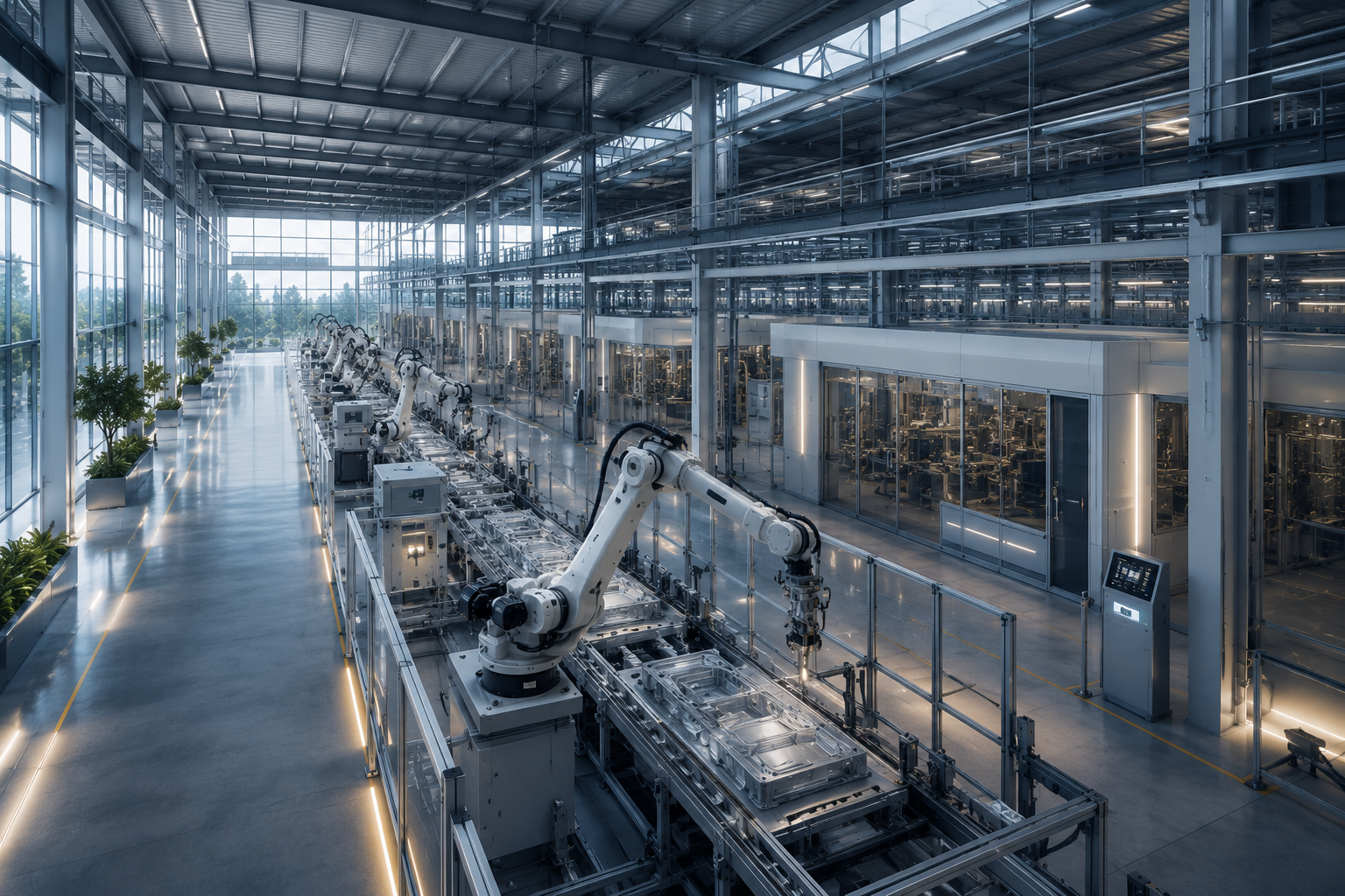 Automated assembly line with robotic arms in a manufacturing plant