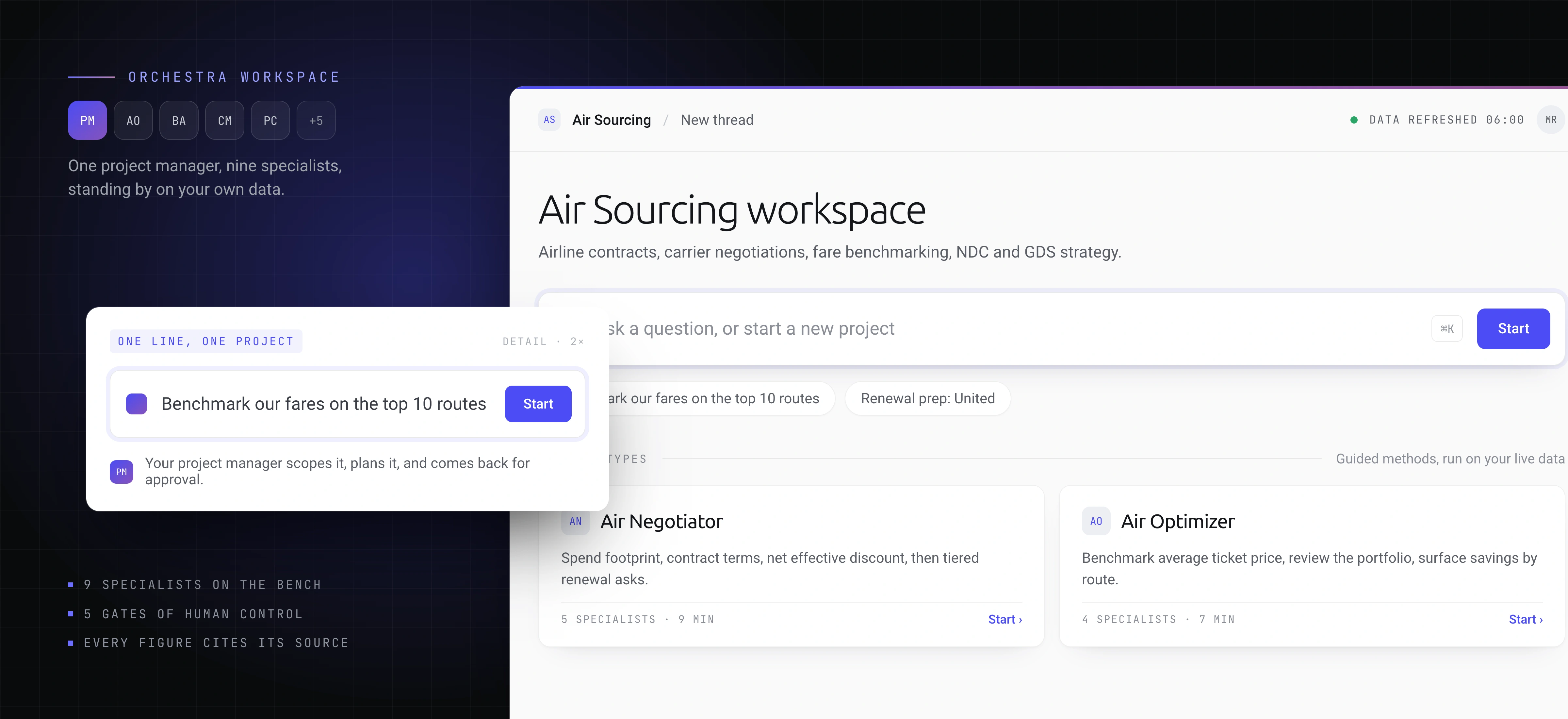 The Air Sourcing workspace, where one line of instruction starts a project the manager scopes and plans