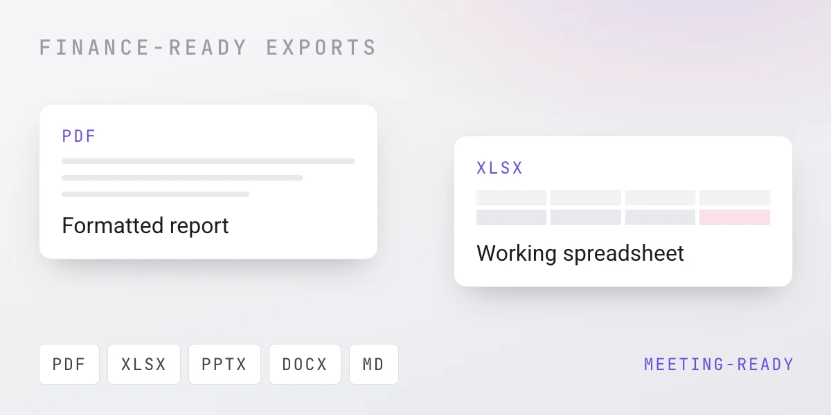Cogent exports: a formatted PDF report and a working XLSX spreadsheet, with PPTX, DOCX and MD also available.