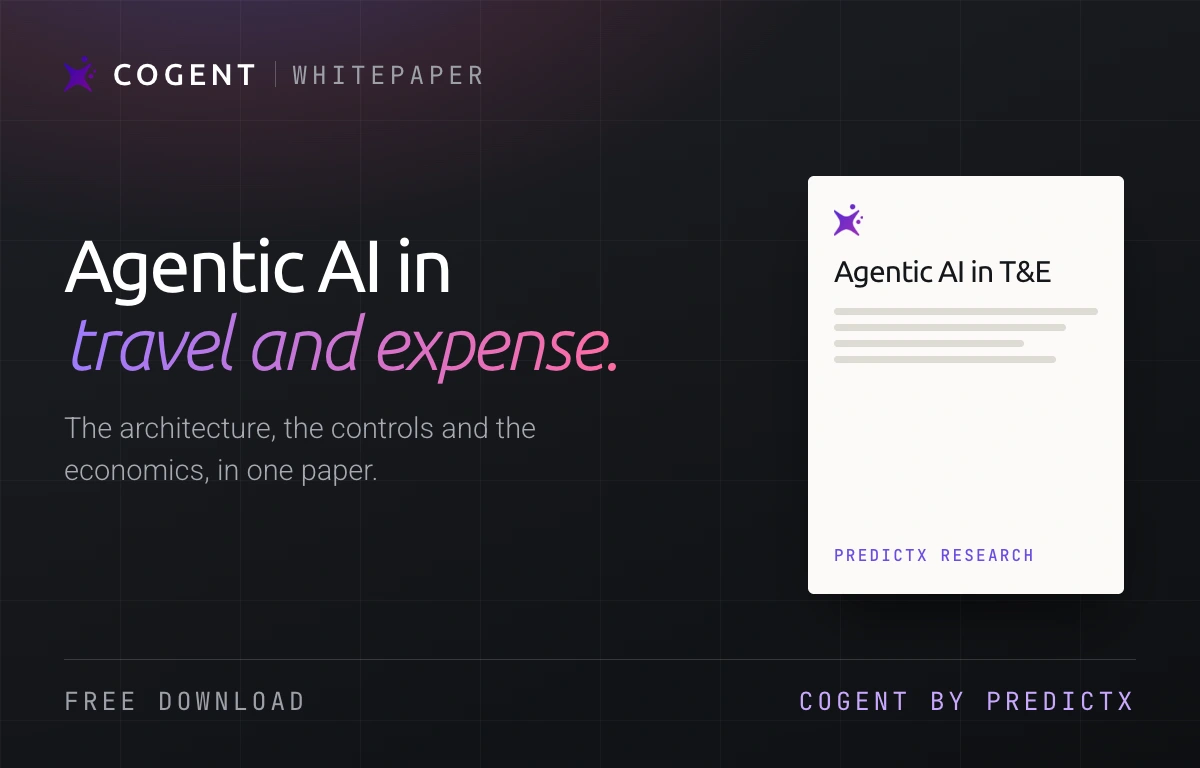 Agentic AI in travel and expense whitepaper card: the architecture, the controls and the economics in one paper, free to download from PredictX research.